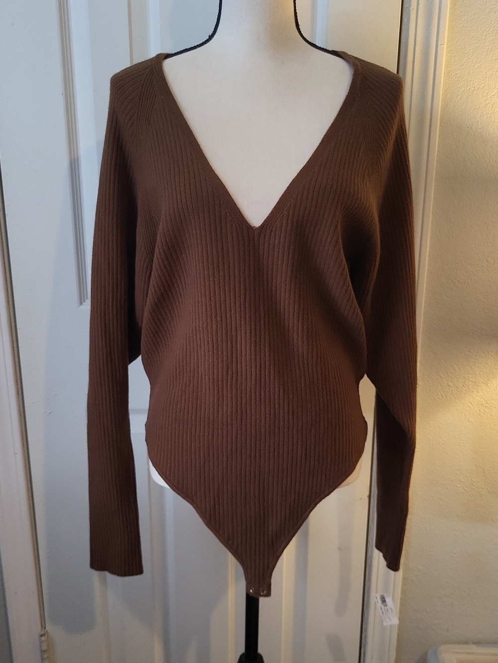 Good American Brown Deep V Ribbed Bodysuit Sweater